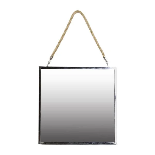Benzara Square Metal Frame Mirror with Rope Handle, Large, Chrome