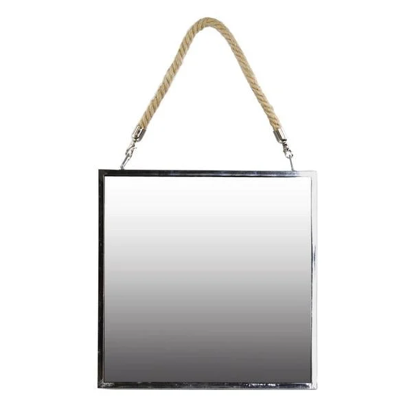 Benzara Square Metal Frame Mirror with Rope Handle, Small, Chrome