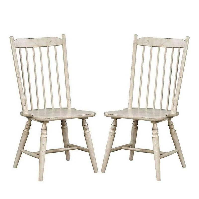 Benzara Spindle Back Wooden Side Chairs, Set of 2, Antique White