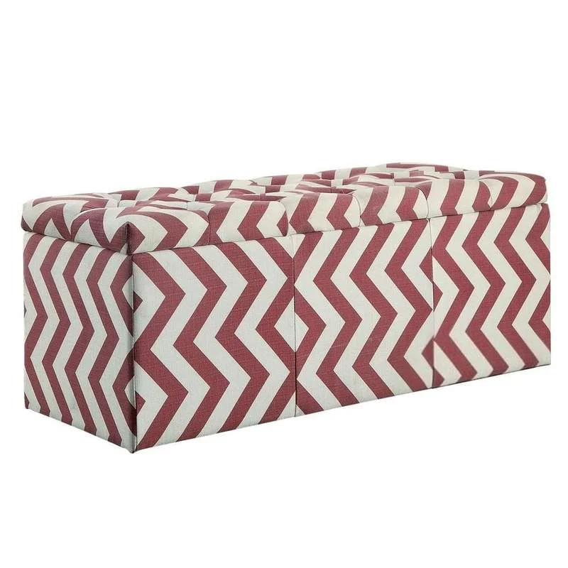 Benzara Fabric Rectangular Storage Bench with Chevron Pattern, Red