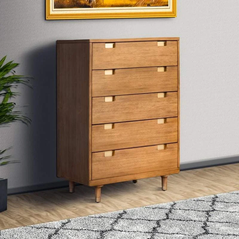 Benzara 48 inch 5 Drawer Wooden Chest with Cutout Pulls, Brown