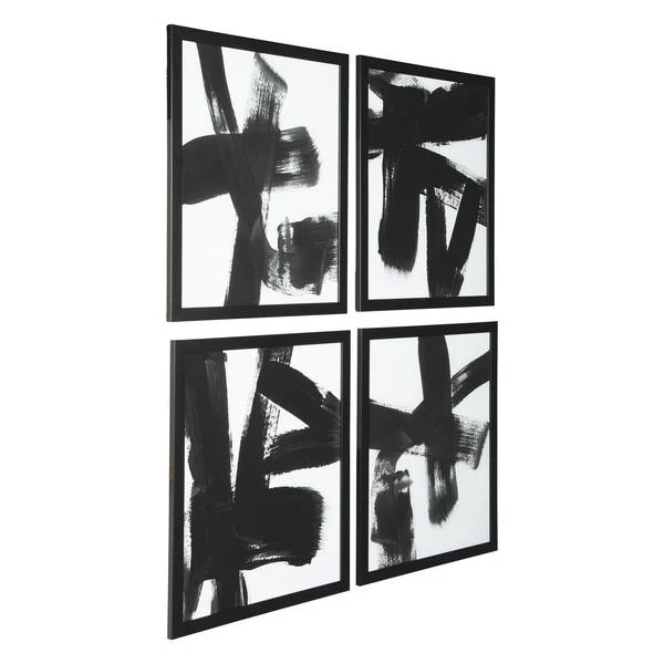 Benzara Wood Encased Abstract Wall Art, Set of 4, Black and White
