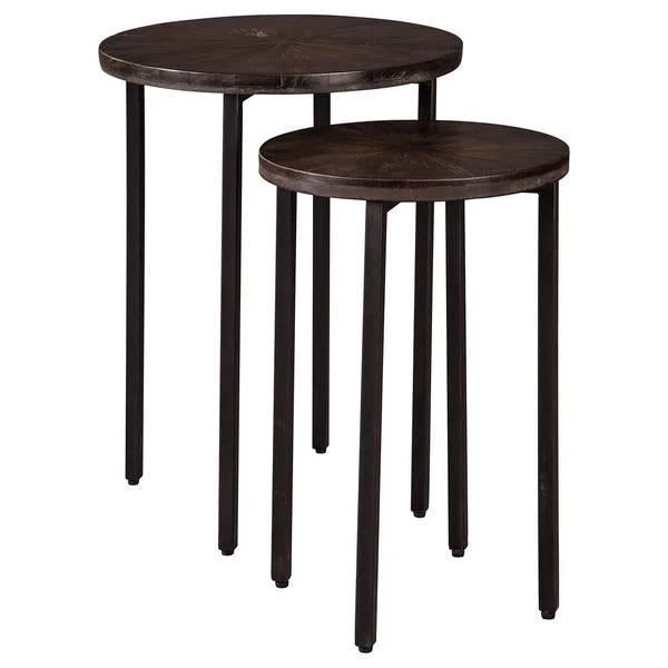 Benzara Round Wooden Top Metal Accent Table, Set of 2, Brown and Black