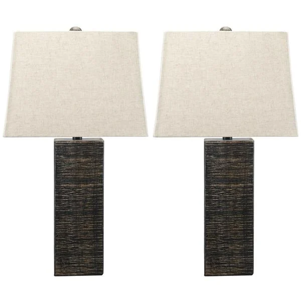 Benzara Fabric Wrapped Table Lamp with Wooden Base, Set of 2, White and Brown