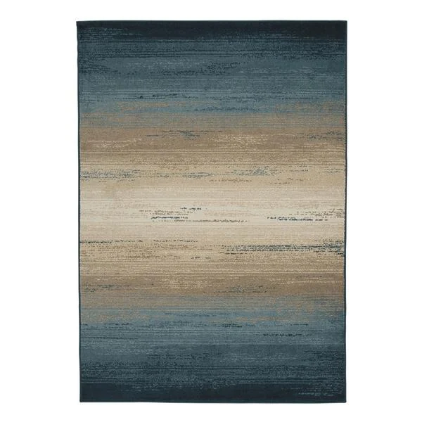 Benzara 90 x 61 Inches Polypropylene Rug with Stripe Design, Blue and Beige