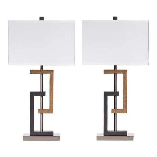 Benzara Lattice Base Hardback Table Lamp, Set of 2, Brown and Silver