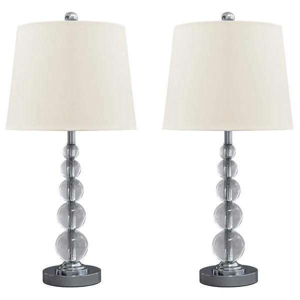 Benzara Stacked Orb Base Table Lamp with Drum Shade, Set of 2, Off White and Chrome