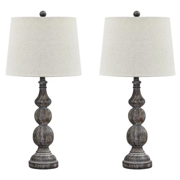 Benzara Polyresin Table Lamp with Turned Base, Set of 2, Brown and Off White