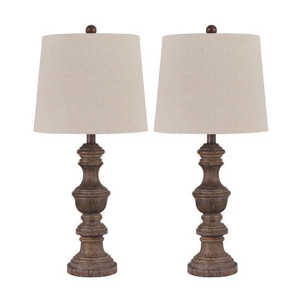 Benzara Tapered Fabric Shade Table Lamp with Turned Base, Set of 2, Gray and Brown