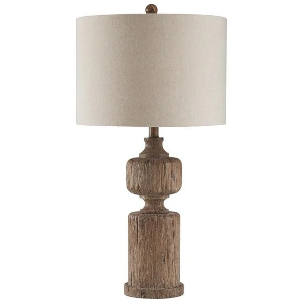 Benzara Polyresin Table Lamp with Turned Base and Fabric Shade, Brown and Off White