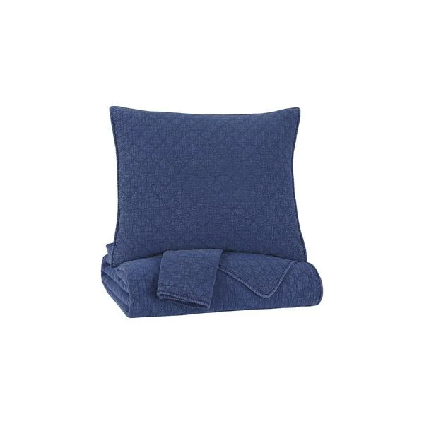 Benzara 3 Piece Diamond Quilted Polyester King Coverlet Set, Blue