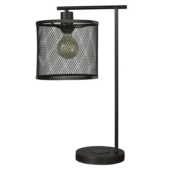 Benzara Caged metal Drum Shade Desk Lamp with USB Dock, Black