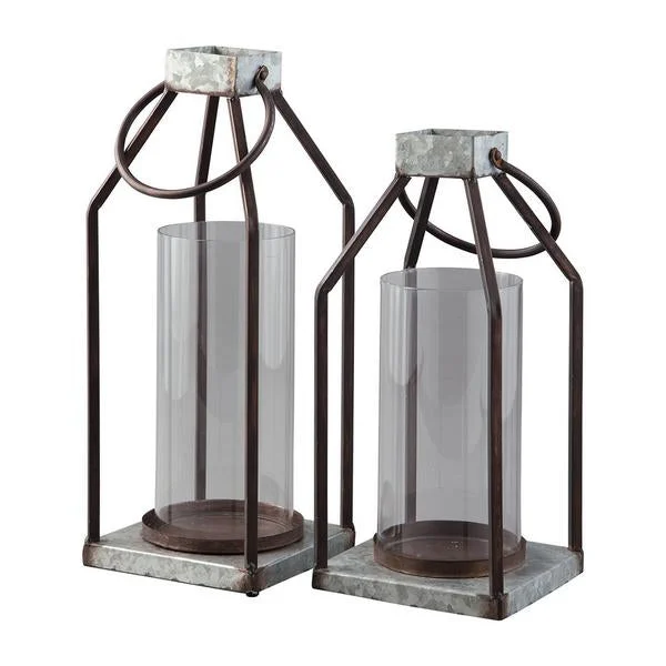 Benzara Geometric Lantern with Glass Hurricane, Set of 2, Black and Gray