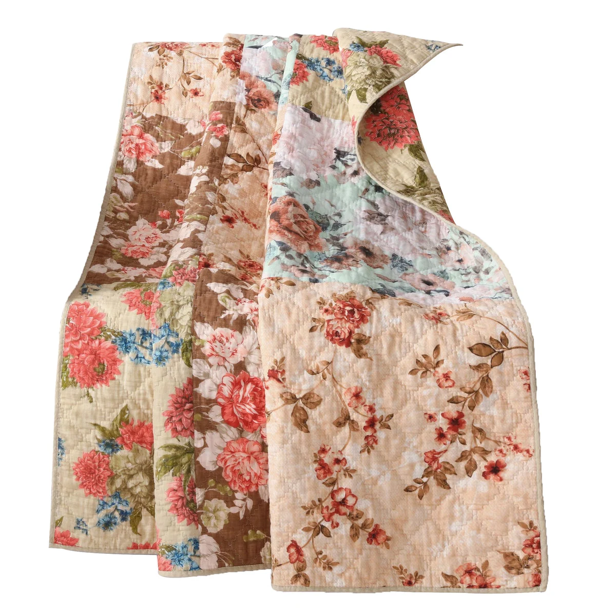 Benzara Munich Machine Quilted Floral Print Fabric Throw Blanket, Beige