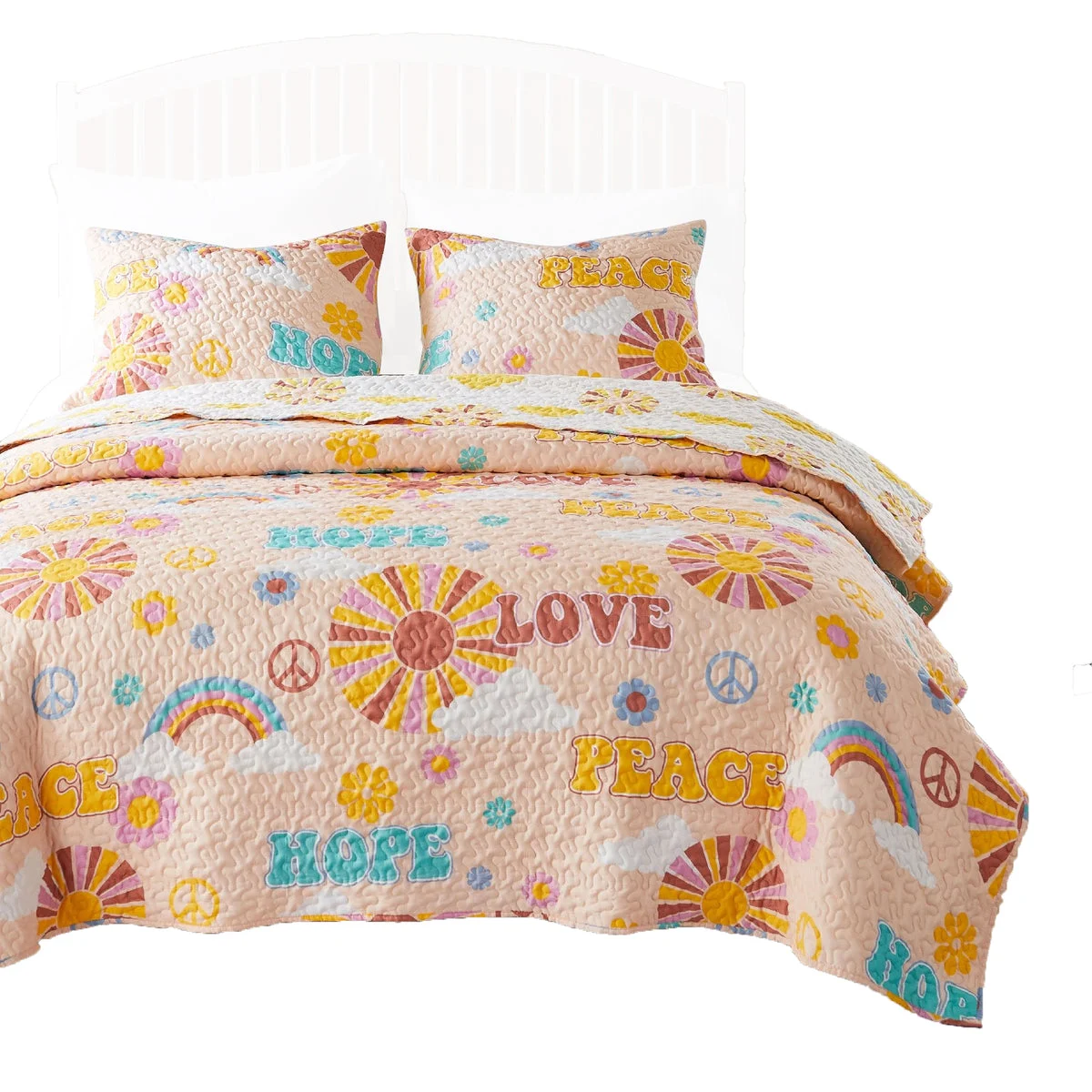 Benzara Berlin 3 Piece Microfiber Rainbows and Clouds Print Queen Quilt Set, Beige