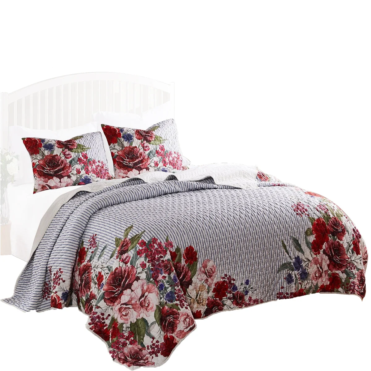 Benzara Dublin 3 Piece Reversible Pinstripe and Floral Border King Quilt Set, Multicolor
