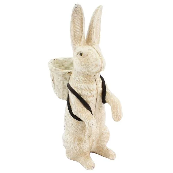 Benzara 8 Inches Cast Iron Rabbit Sculpture Carrying Basket, Antique White