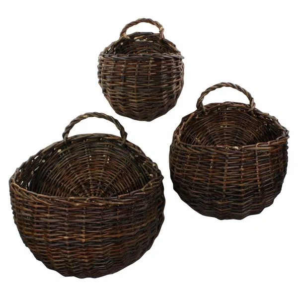Benzara Willow Interwoven Wall Basket with Curved Handles, Set of 3, Brown