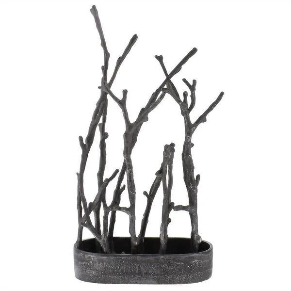 Benzara 14 Inch Metal Sculpture Vase with Faux Branches, Gray