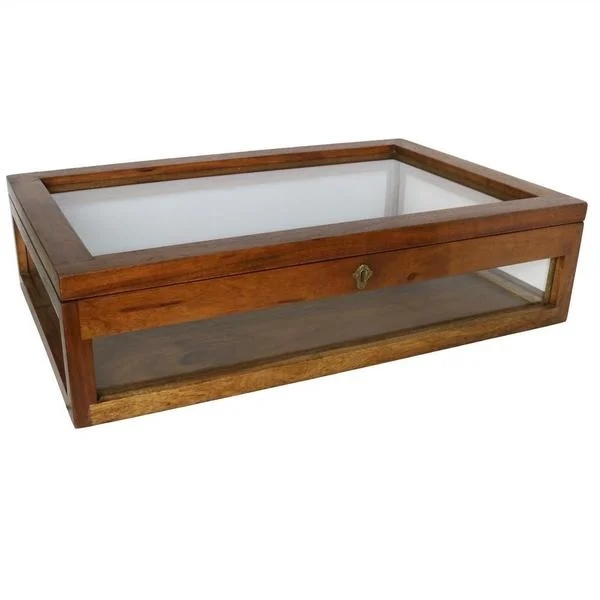 Benzara Rectangular Glass Display Case with Wooden Framing, Brown and Clear