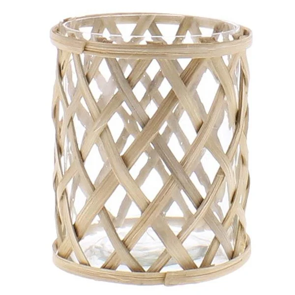 Benzara Cylindrical Glass Vase with Intricate Bamboo Weave Design, Clear and Brown