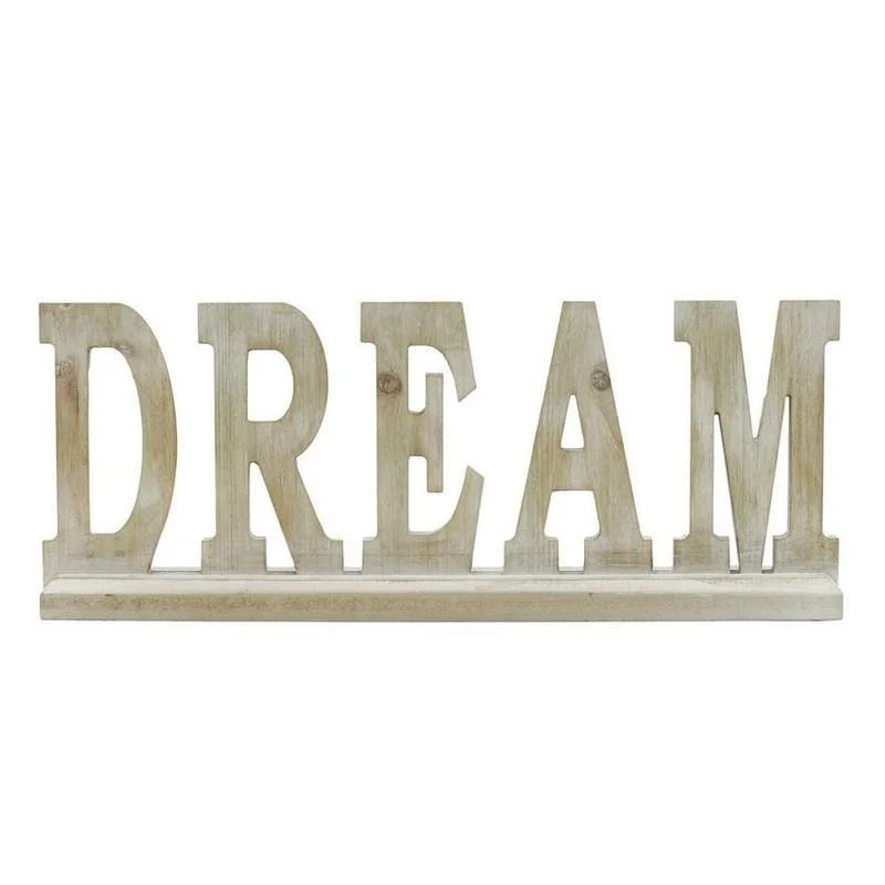 Benzara Wooden Tabletop decor with Carved DREAM Word, Beige