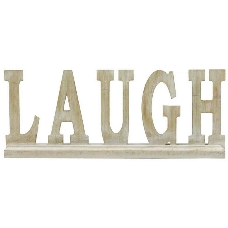 Benzara Wooden Tabletop decor with Carved LAUGH Word, Beige