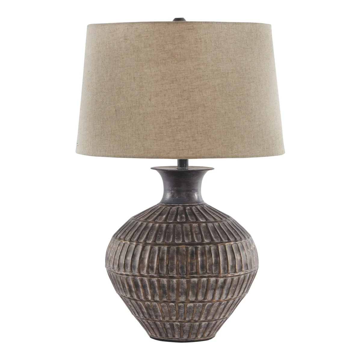 Benzara Metal Table Lamp with Bellied Embossed Vertical Lines Base, Antique Bronze