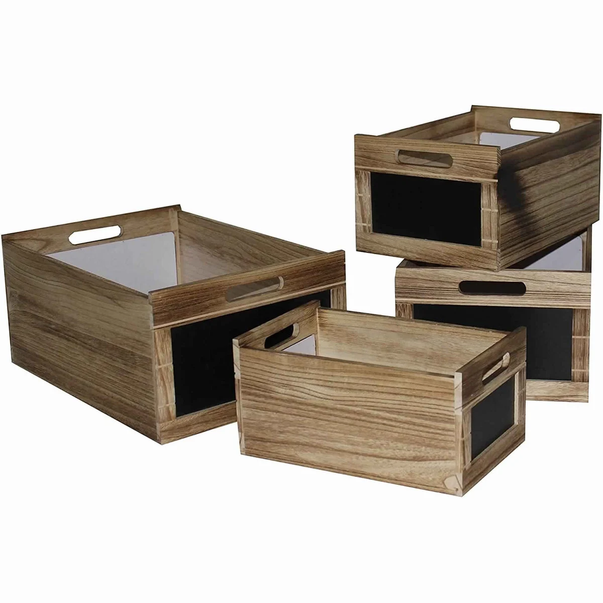 Benzara Chalkboard Inserted Wooden Storage Box with Cutout Handles, Set of 4,Brown