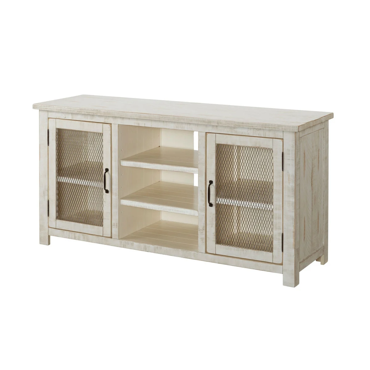 Benzara 60" Rustic Wooden TV Stand with Mesh Design, Antique White