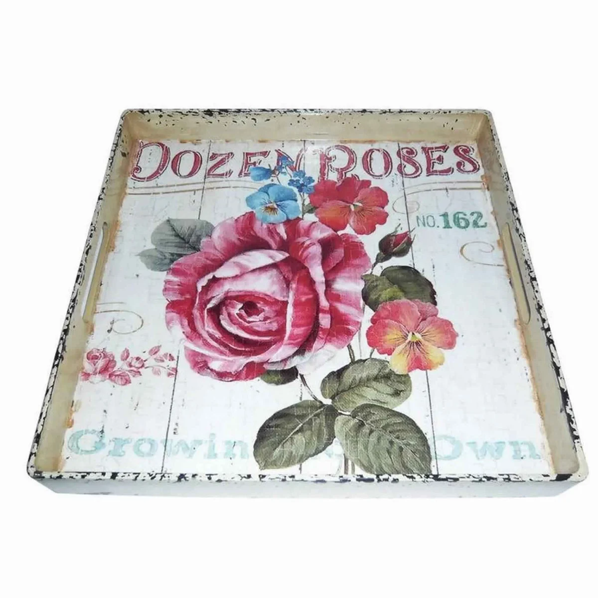 Benzara Distressed Metal Serving Tray with Floral Artwork, Multicolor