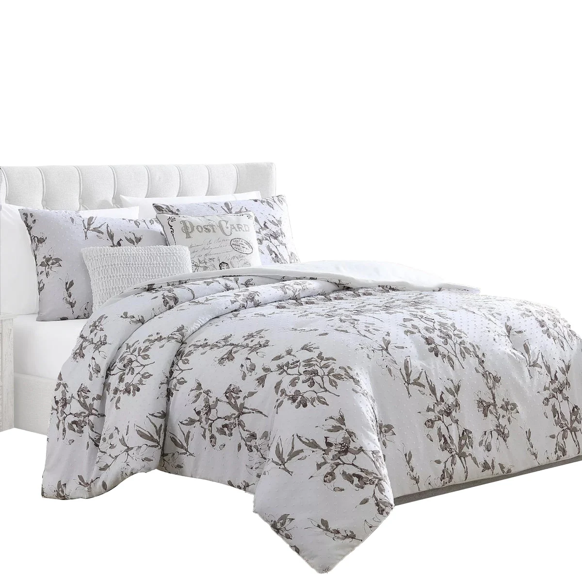 Benzara Ohio 5 Piece Queen Comforter Set with Floral Details, White