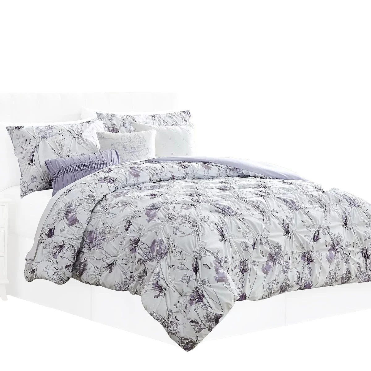 Benzara Maine 6 Piece King Comforter Set with Floral Details, White and Gray