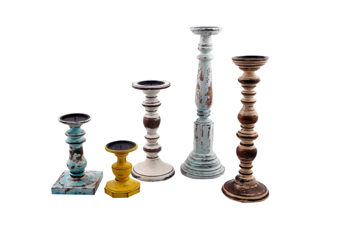 Benzara Distressed Finish Wooden Pillar Shaped Candle Holder, Set of 5, Multicolor