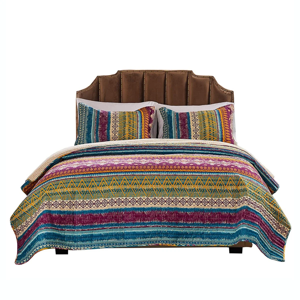 Benzara BM42349 Tribal Motif Print Cotton Twin Quilt Set with 1 Pillow Sham, Multicolor