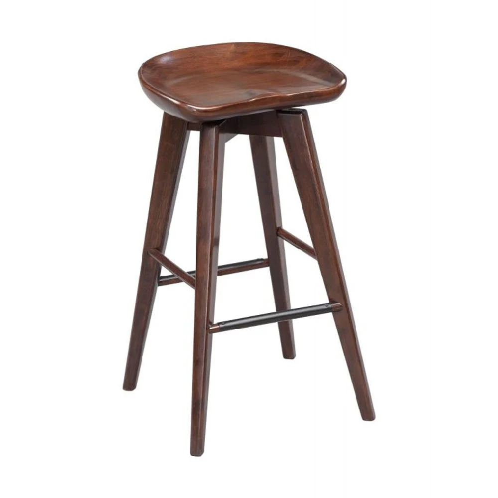 Benzara BM61418 Contoured Seat Wooden Frame Swivel Barstool with Angled Legs, Dark Brown