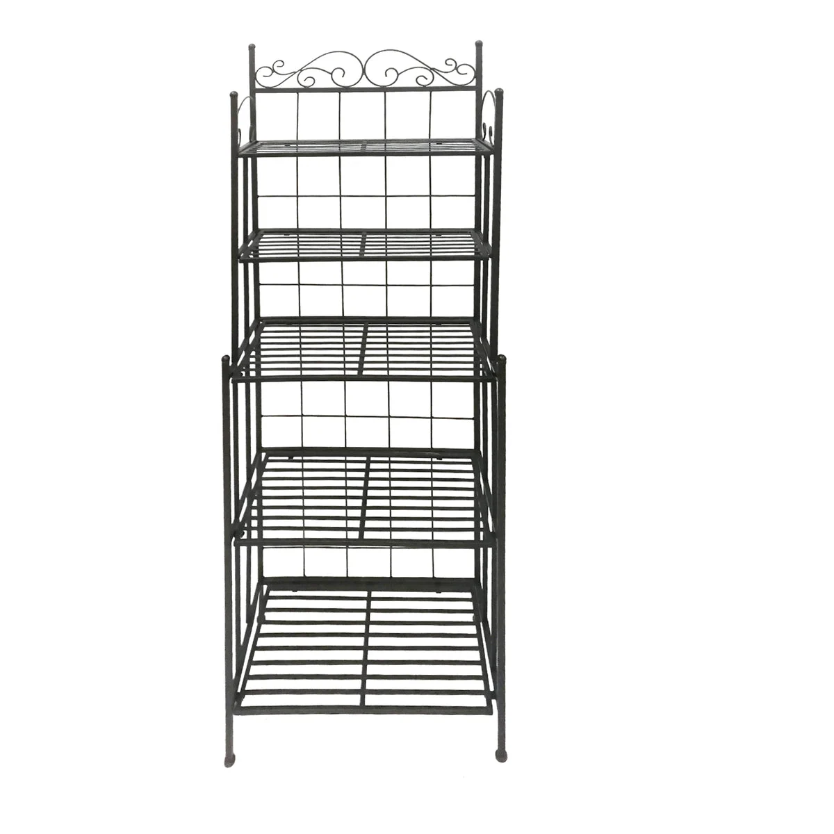 Benzara BM72842 5 Tier Storage Metal Bakers Rack with Scrollwork Top, Gunmetal Gray