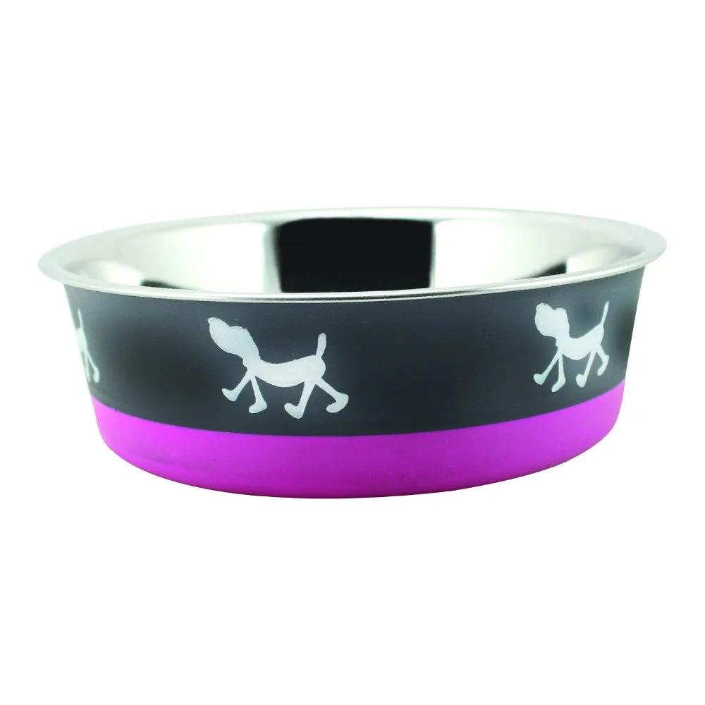 Benzara Stainless Steel Pet Bowl with Anti Skid Rubber Base and Dog Design, Gray and Pink-Set of 6