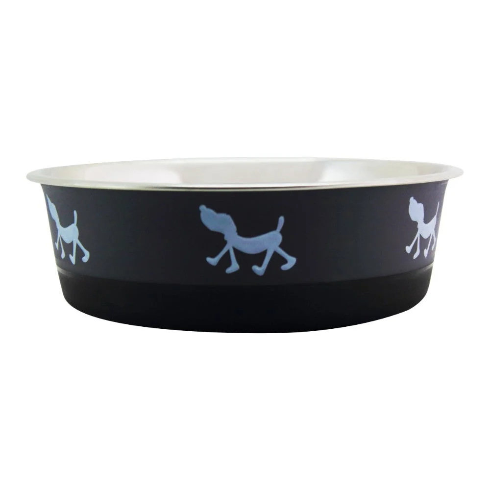 Benzara Stainless Steel Pet Bowl with Anti Skid Rubber Base and Dog Design, Gray and Black-Set of 2