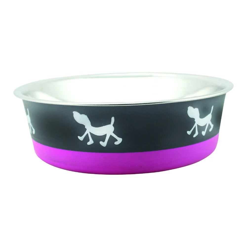 Benzara Stainless Steel Pet Bowl with Anti Skid Rubber Base and Dog Design, Large, Gray and Pink-Set of 2