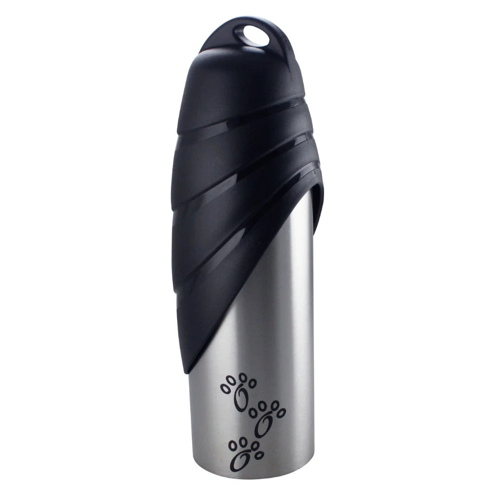 Benzara Plastic Fin Cap Pet Travel Water Bottle in Stainless Steel, Large, Silver and Black-Set of 2