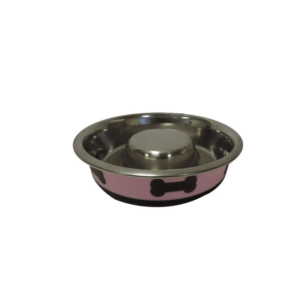 Benzara Slow Feeder Spill Proof Pet Bowl with Rubber Base and Bone Design, Pink and Black-Set of 2