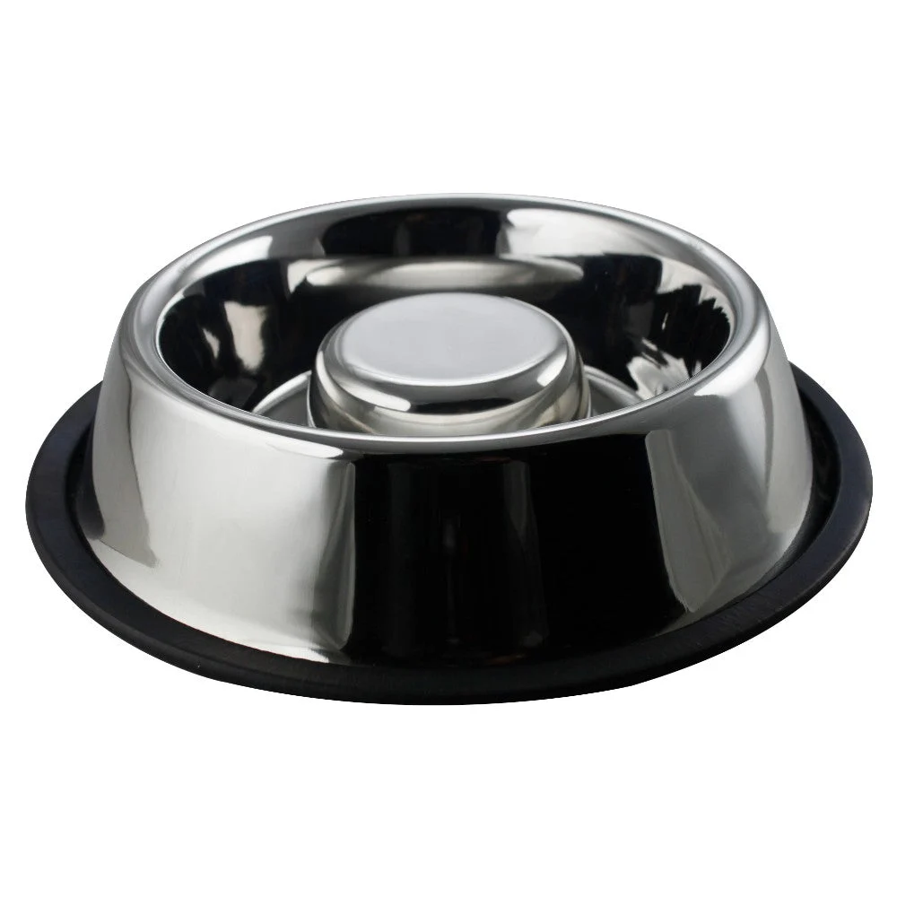 Benzara Slow Feeder Stainless Steel Pet Bowl with Anti Skid Rubber Base, Small, Gray and Black