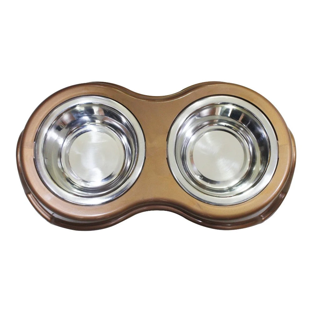 Benzara Plastic Framed Double Diner Pet Bowl in Stainless Steel, Small, Gold and Silver-Set of 6