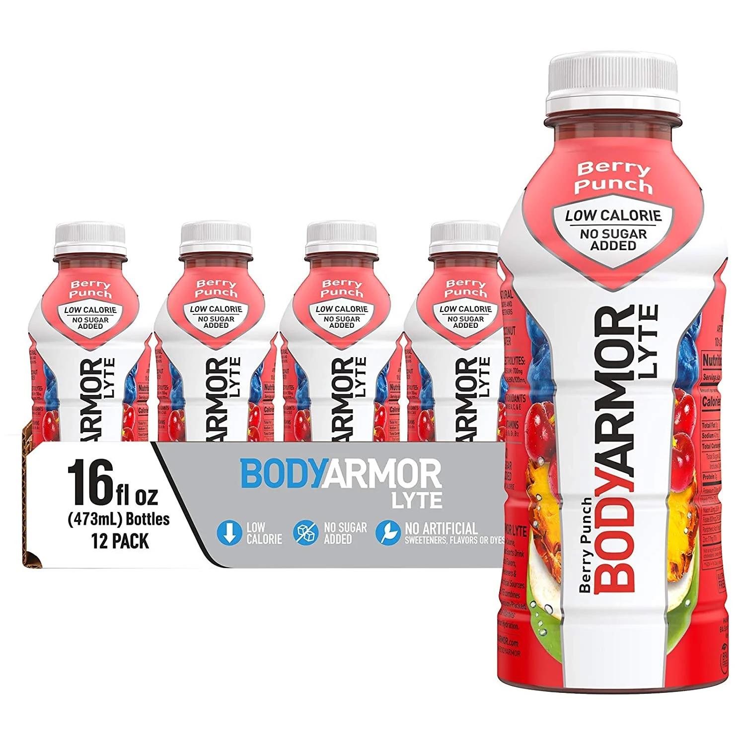BODYARMOR LYTE Sports Drink Low-Calorie Sports Beverage, Berry Punch, Natural Flavors With Vitamins, No Preservatives, 16 Fl Oz (Pack of 12)