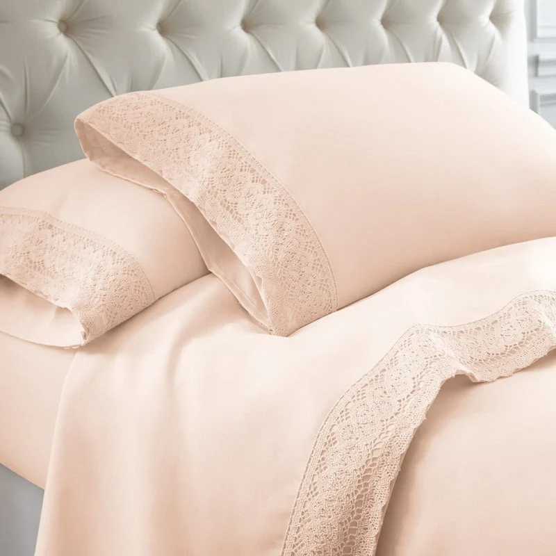 Udine 4 Piece King Size Microfiber Sheet Set with Crochet Lace, Pink
