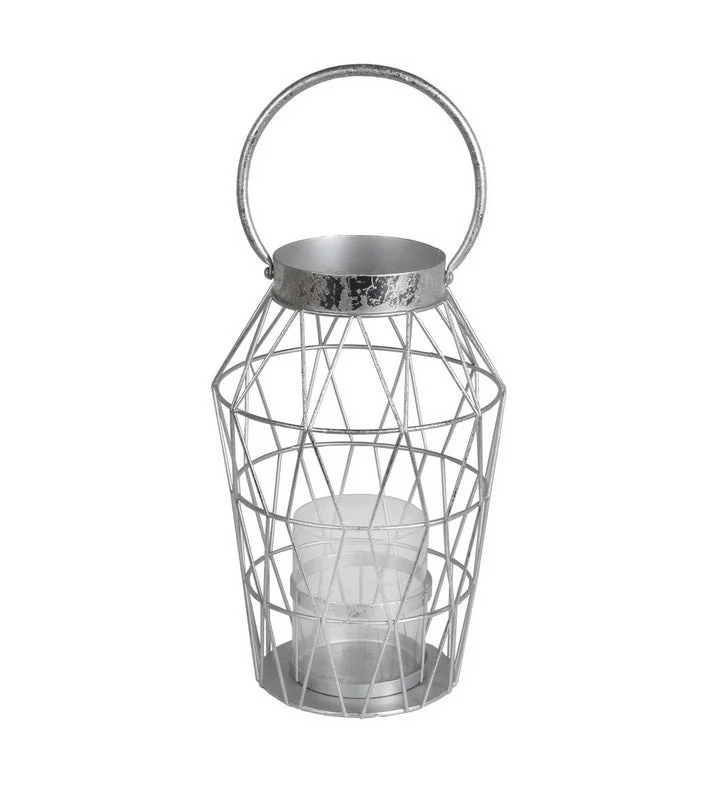 Benzara Geometric Design Metal Candle Holder with Glass Hurricane,Large,Silver