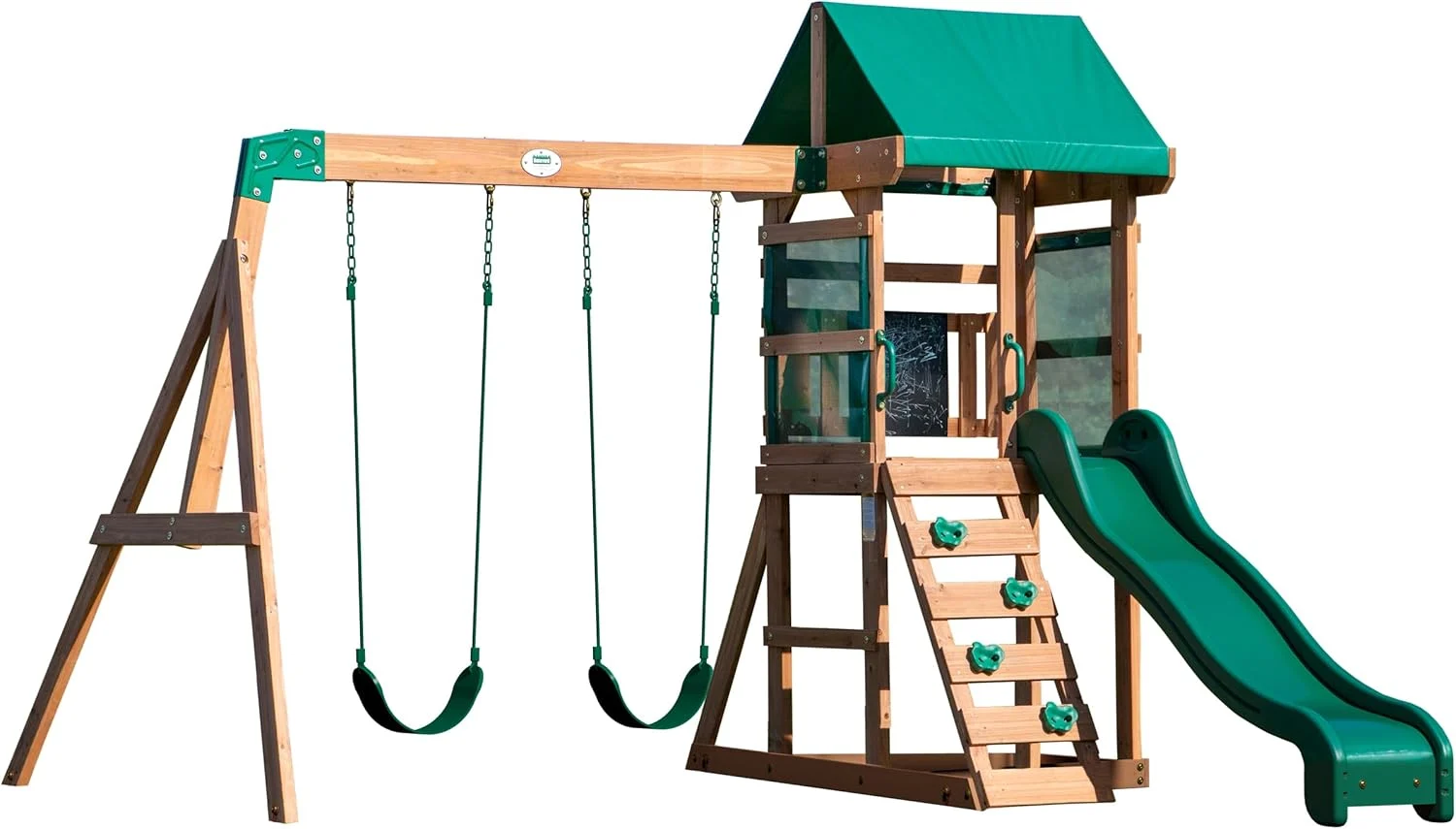 Backyard Discovery Buckley Hill Cedar Wood Swing Set with Wave Slide, Play Deck, Rock Wall Ladder, Belt Swings, Chalkboard, Canopy Roof, Outdoor Playset, Green