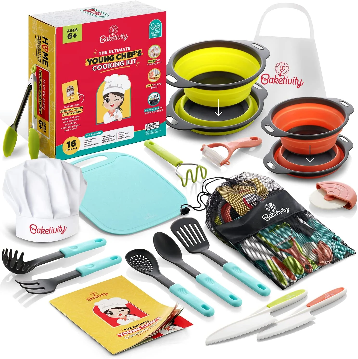 Baketivity Kids Cooking Sets Real Utensils With Kitchen Tool Guide – Complete Junior Cooking Set Gift For Girls & Boys With Mixing Bowls, Cutting Board, Knife, Apron – Kids Baking Set For Real Cooking