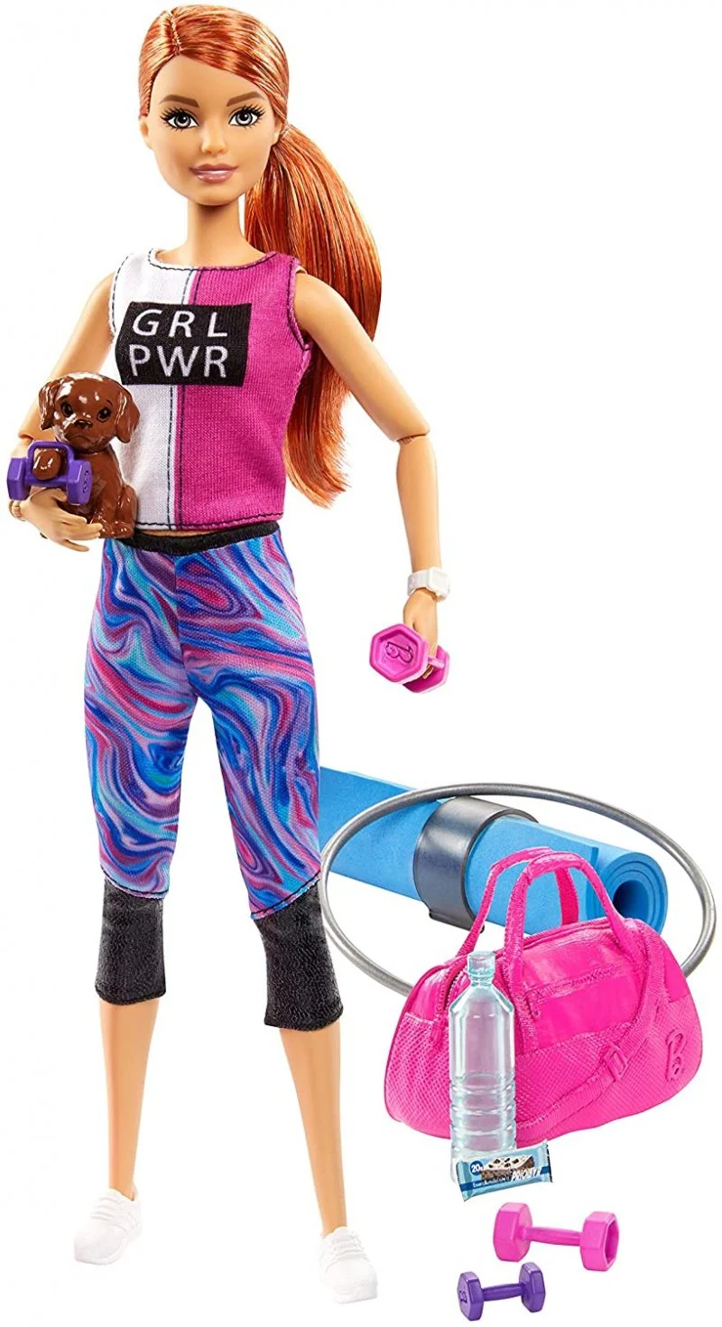 Barbie Fitness Doll, Red-Haired, with Puppy and 9 Accessories